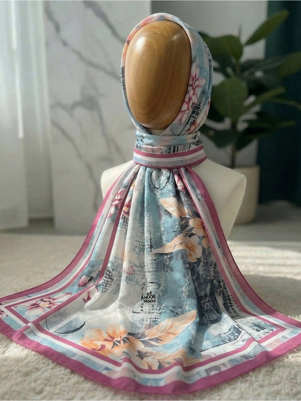 Floral Silk-Look Hijab Scarf in Pink and Sky Blue